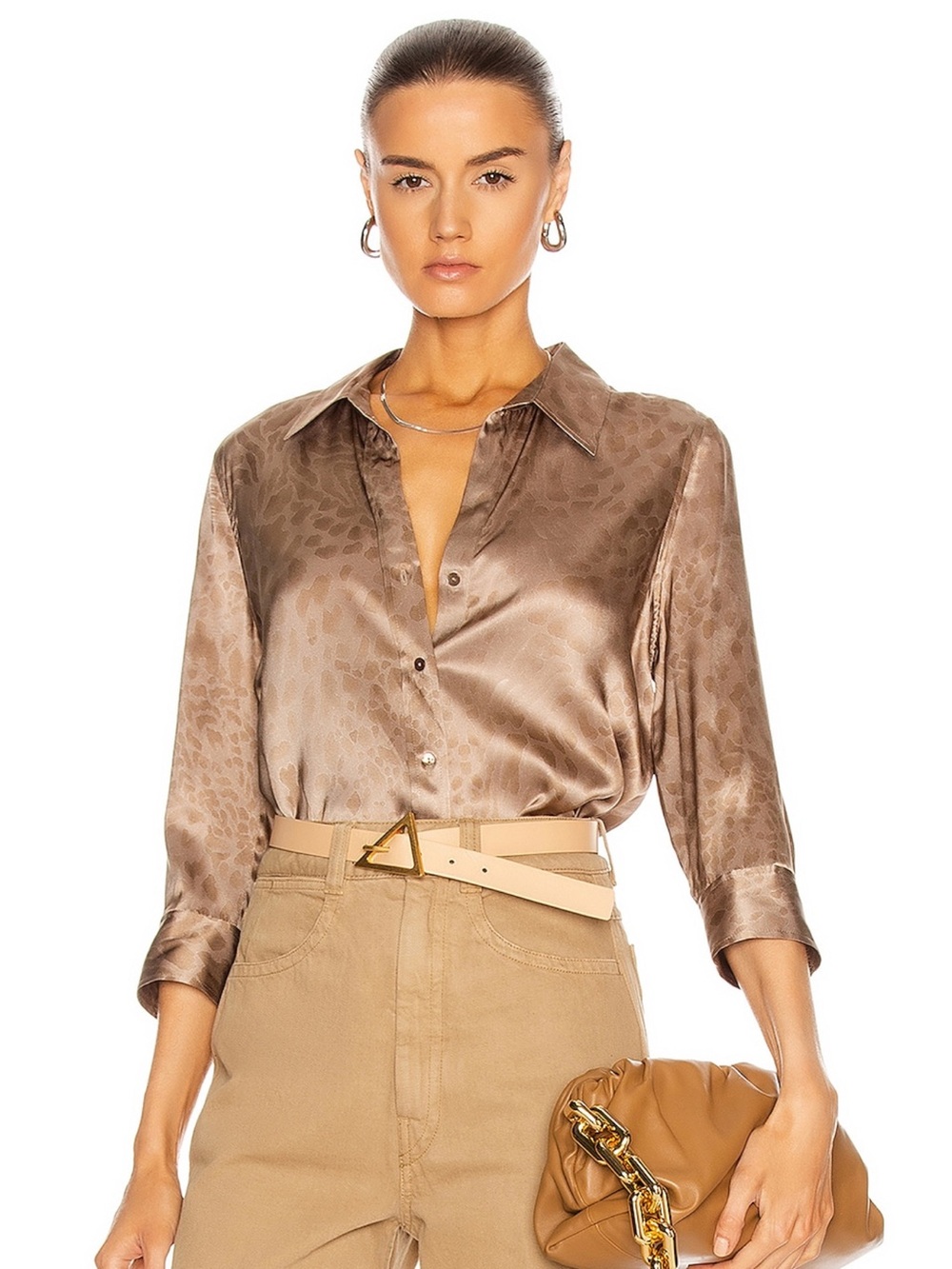L'AGENCE Taupe Satin Leopard-Print Button-Down Shirt